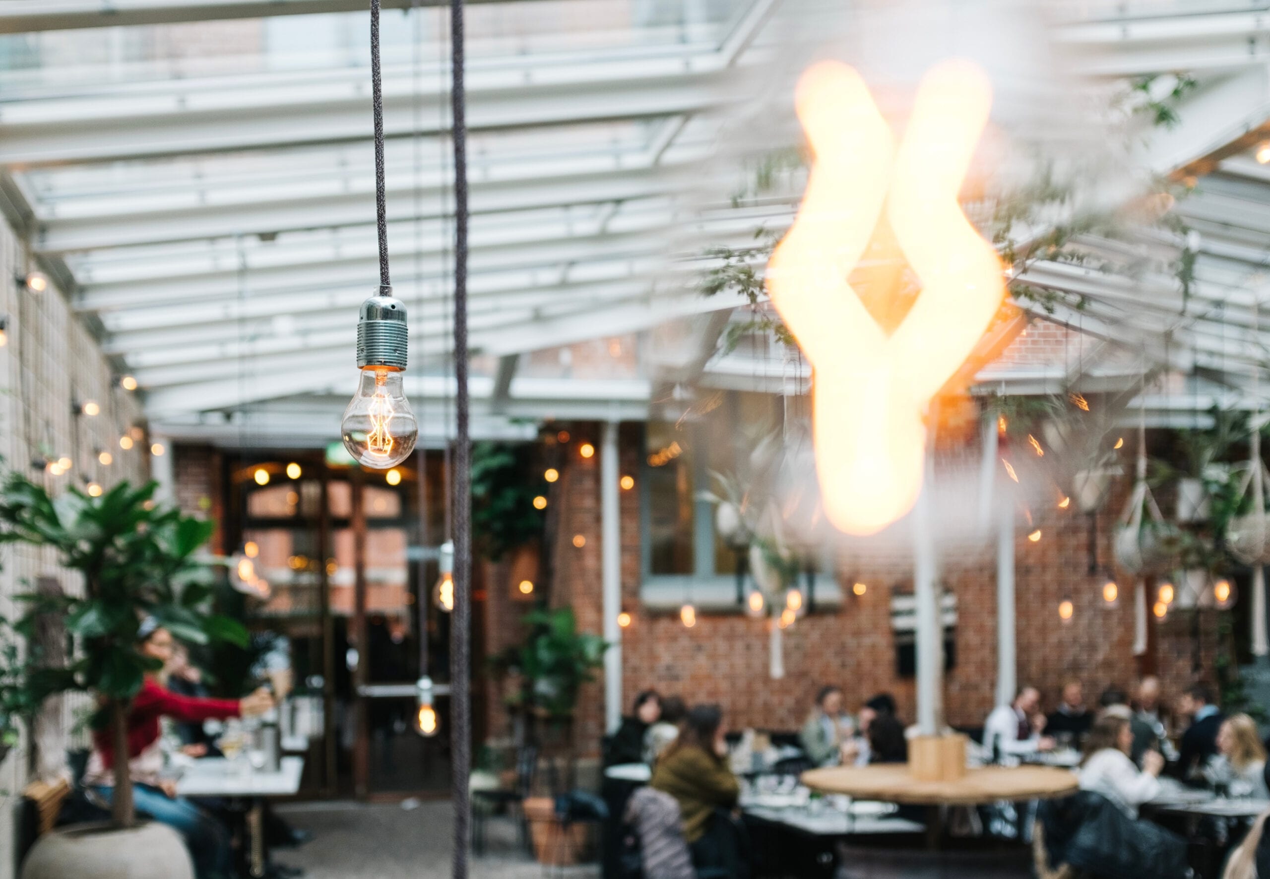 outdoor patio with hanging lightbulbs